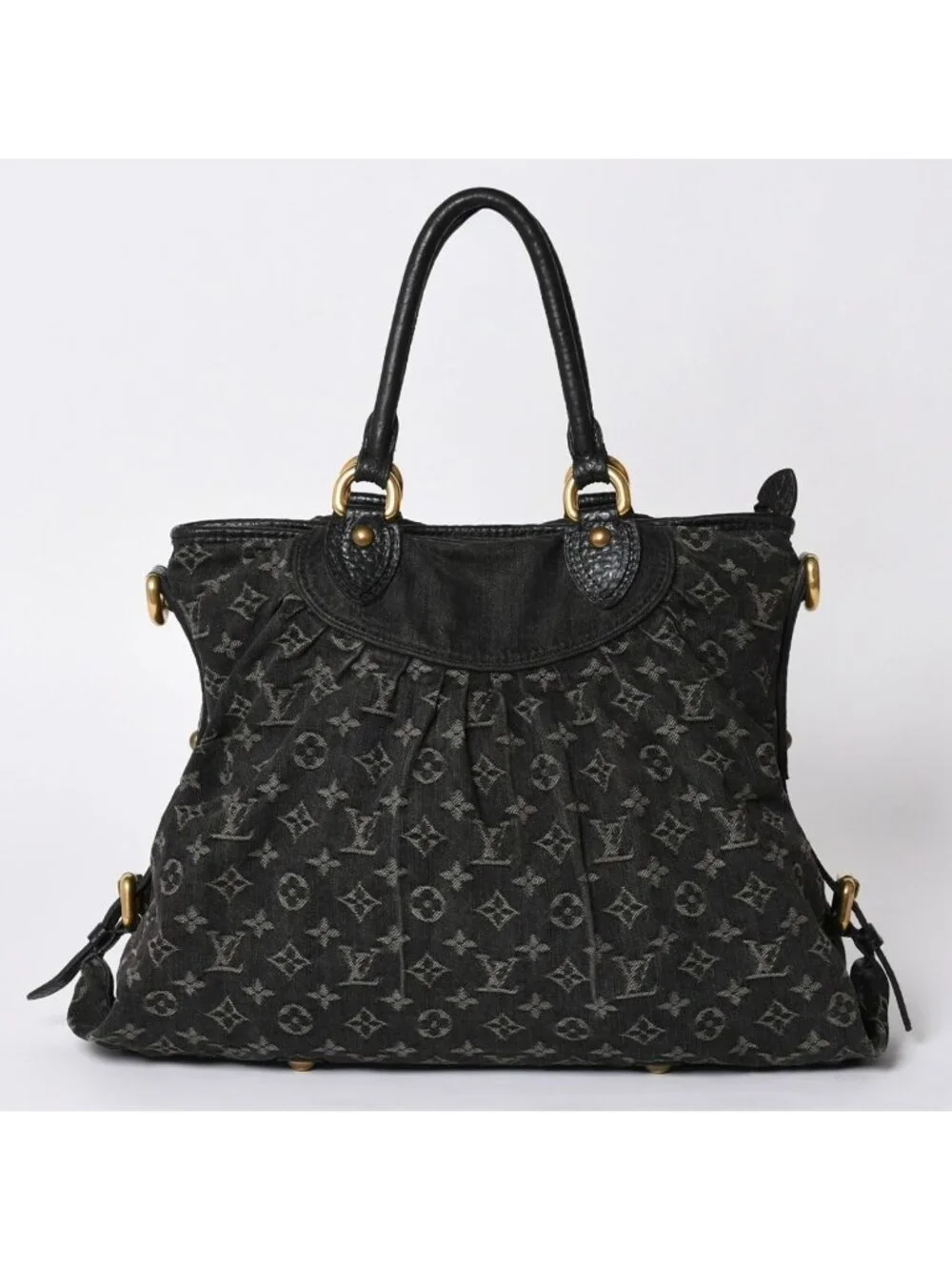 Louis Vuitton Handbag Monogram Denim Neo Cabby GM Black Leather Gold